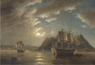 John Wilson Carmichael - H.M.S. Minden 74, off Gibraltar, moonlight