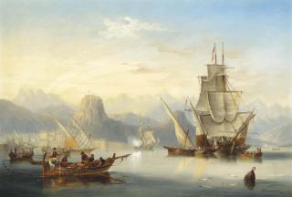 John Wilson Carmichael - Local Craft And A Saluting Frigate In The Bay Of Rethymnon, Crete, With The Port Citadel Rising To The Left And Mount Ida Seen In The Distance Beyond