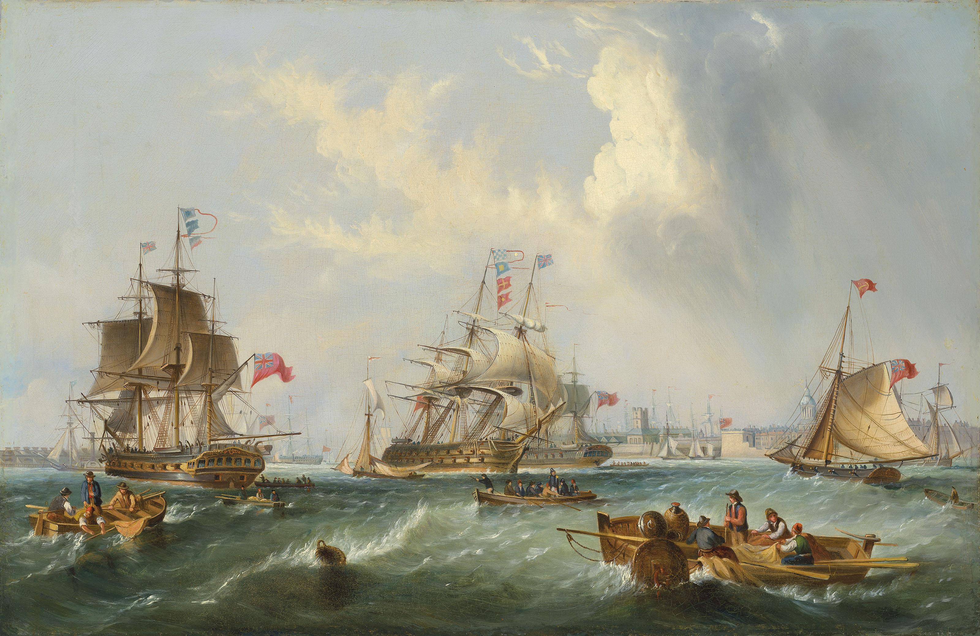 John Wilson Carmichael - Men-of-war and other shipping off Portsmouth harbour