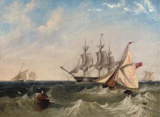 John Wilson Carmichael - Naval Cutters Offshore With A Frigate Coming To Anchor, Probably At Spithead