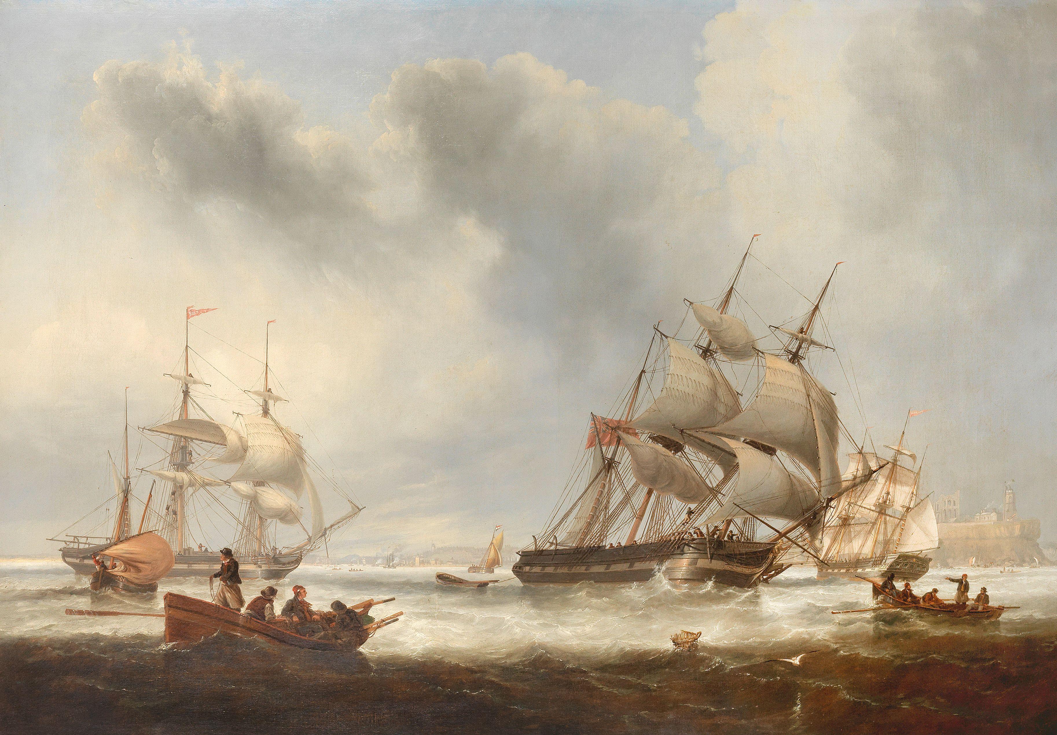 John Wilson Carmichael - The newly commissioned Newcastle barques Favourite and Majestic passing in the approaches to South Shields, with the ruins of Tynemouth Priory atop the cliff beyond