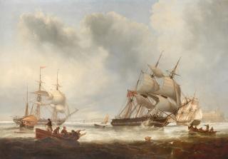 John Wilson Carmichael - The newly commissioned Newcastle barques Favourite and Majestic passing in the approaches to South Shields, with the ruins of Tynemouth Priory atop the cliff beyond