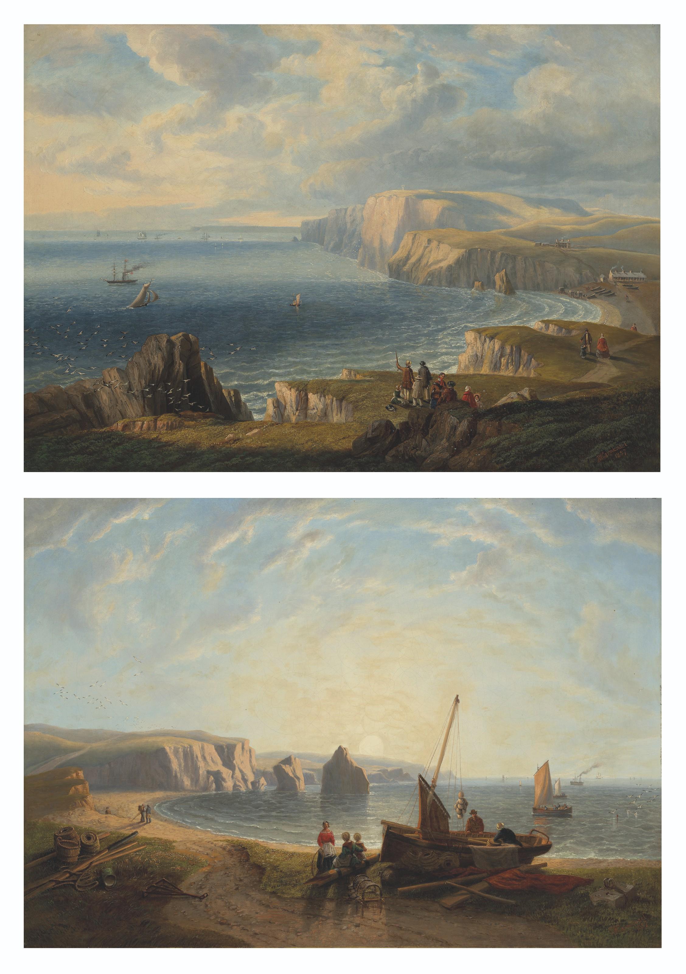 John Wilson Carmichael - Walkers on the cliffs above Freshwater Bay, viewed from the East; and Unloading the catch in Freshwater Bay