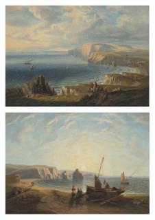 John Wilson Carmichael - Walkers on the cliffs above Freshwater Bay, viewed from the East; and Unloading the catch in Freshwater Bay