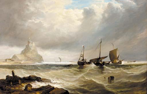 John Wilson - Fishing boats in shallow waters off a citadel