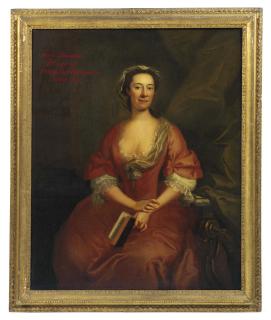 John Wollaston - Portrait of Mary Thomas, second wife of Philip Bartholomew (d. 1775), three-quarter-length, in a pink dress with a lace collar and sleeves, seated in an interior, holding an open book in her left hand