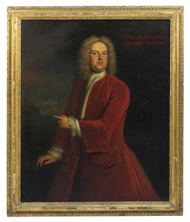 John Wollaston - Portrait of Philip Bartholomew (1690-1729), three-quarter-length, in a red coat and white stock, standing in a landscape, pointing to a church beyond