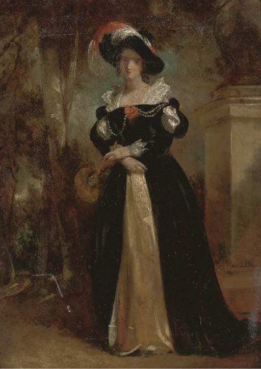 John Wood - An Elegant Lady, Small Full-Length, In A Black Dress And Feathered Hat, In A Garden