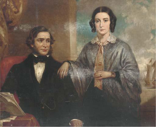 John Wood - Portrait of a lady and a gentleman, three-quarter-length, the lady in a blue dress, the gentleman in a black coat, seated at a desk holding letters