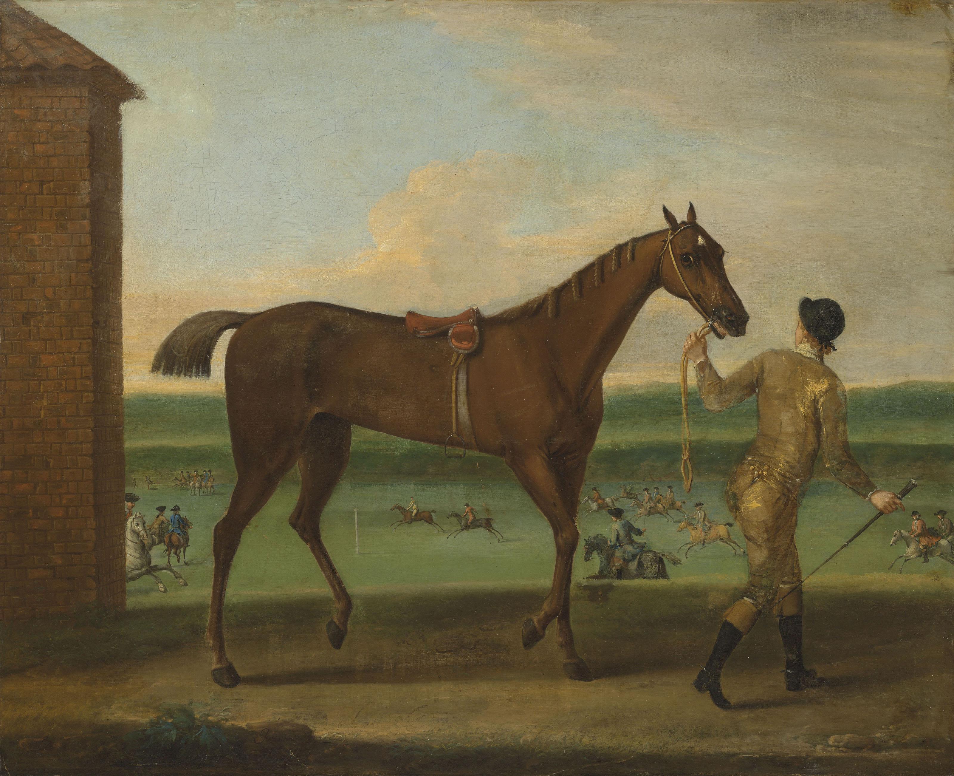 John Wootton - A chestnut mare, traditionally identified as Mr. Charles Pelham\'s  Brocklesby Betty , led by a jockey at Newmarket