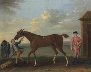 John Wootton - A Chestnut Racehorse Held By A Groom, With A Jockey Dismounted, By The King\'S Stables, Newmarket