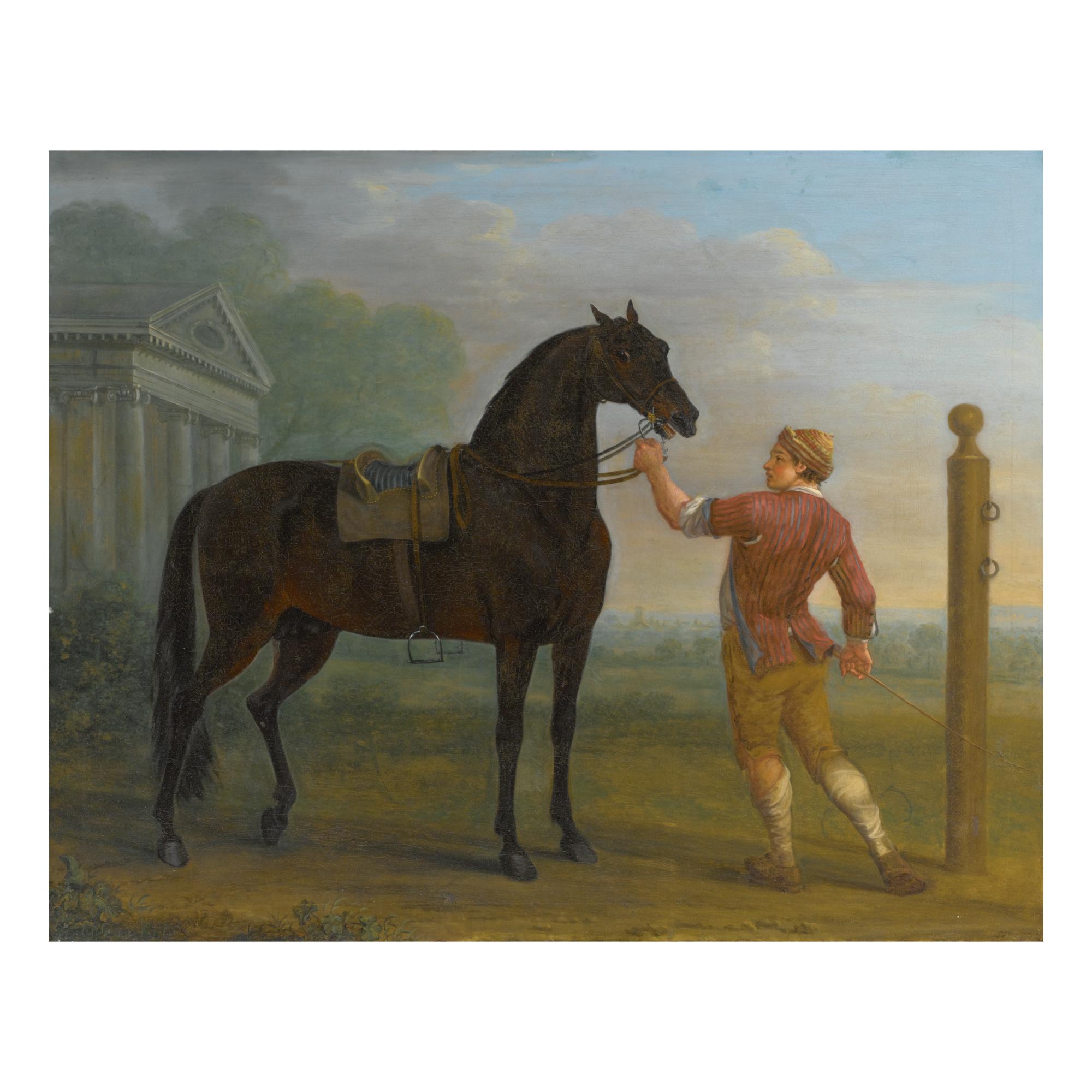 John Wootton - A Dark Bay Stallion, Possibly The Byerley Turk, Held By A Groom In A Landscape