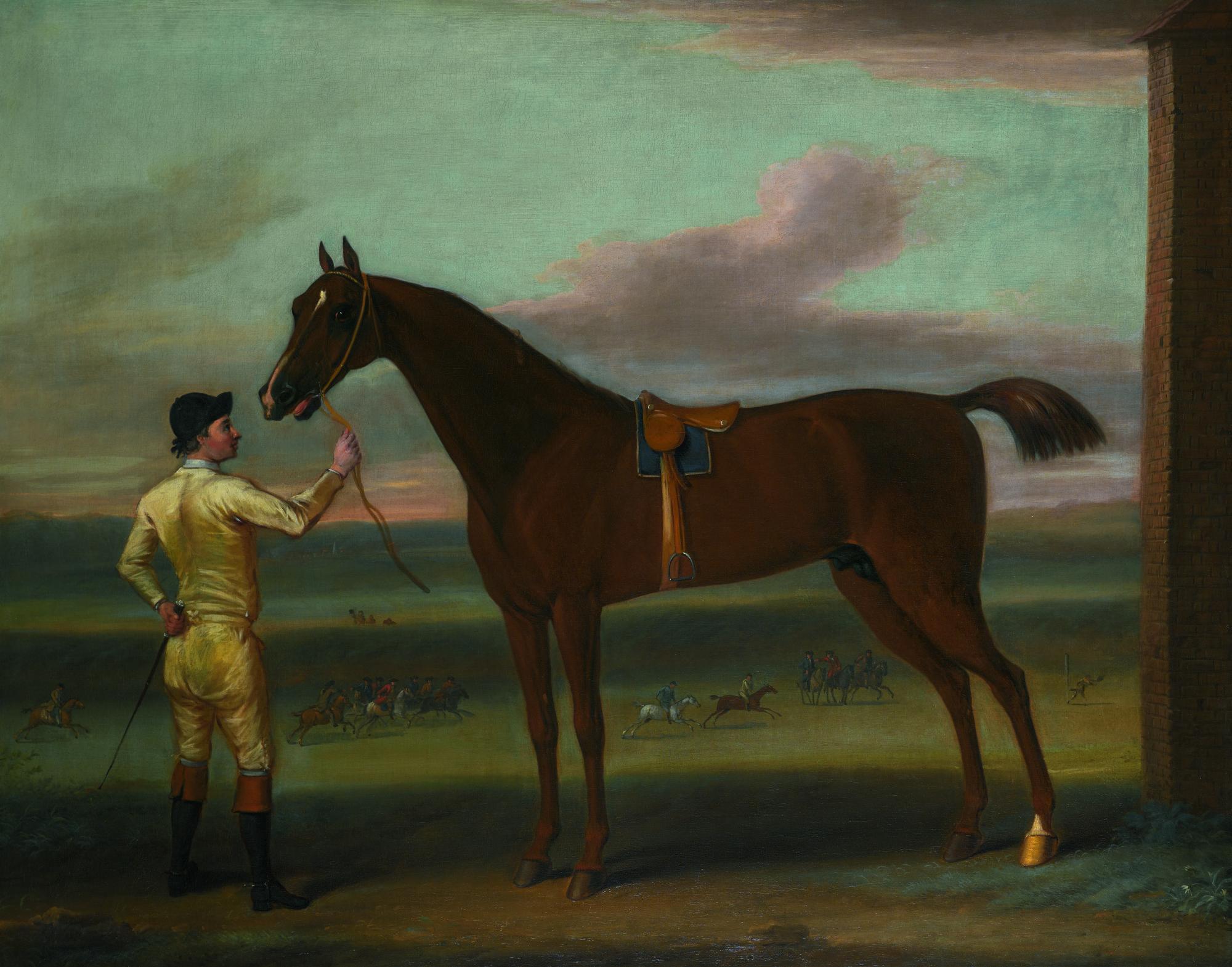 John Wootton - A Dark Chestnut Racehorse Held By A Jockey, By The Rubbing Down House, Newmarket Heath