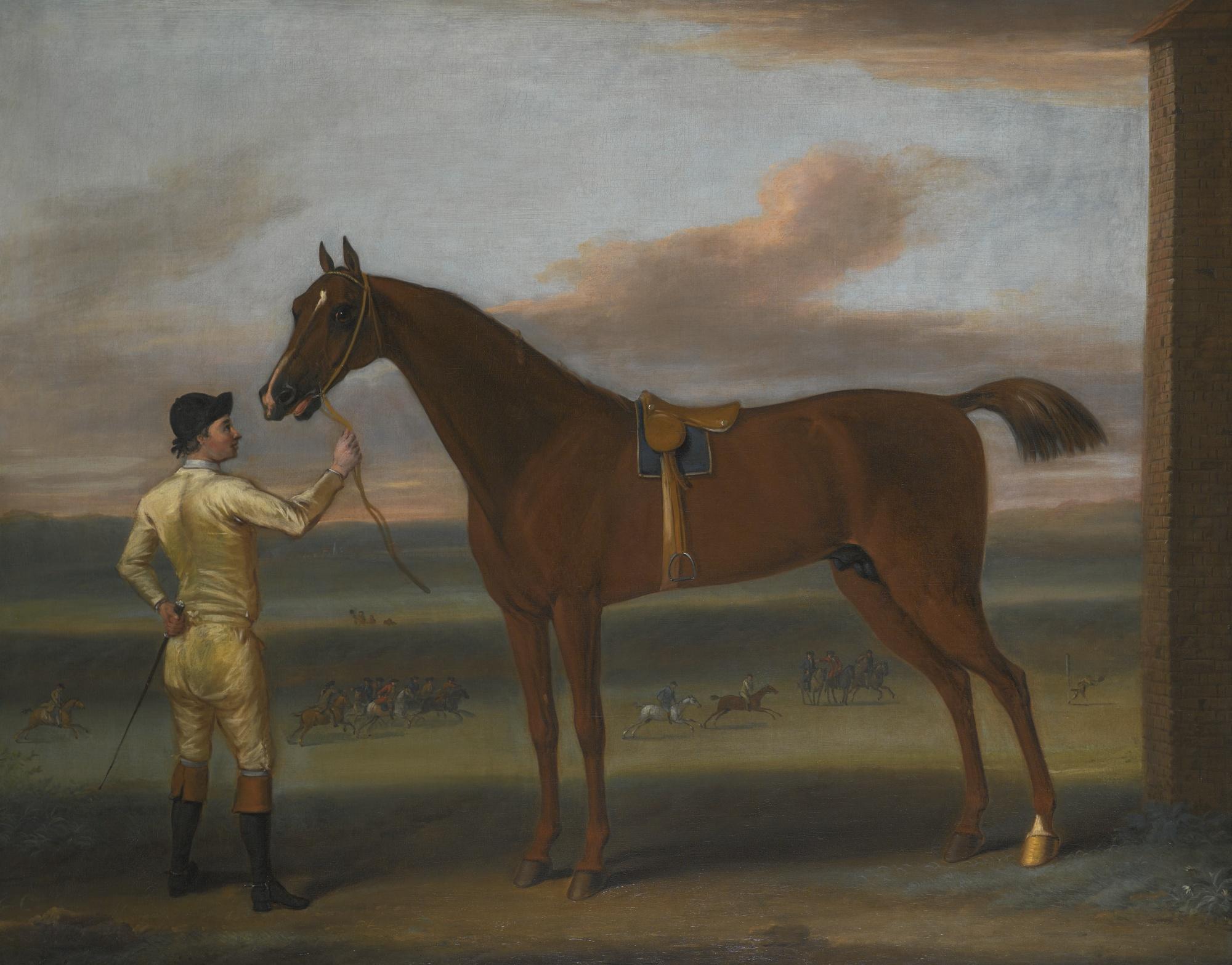 John Wootton - A Dark Chestnut Racehorse Held By A Jockey, By The Rubbing Down House, Newmarket Heath