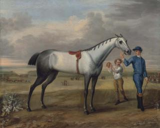 John Wootton - A grey racehorse held by a jockey, with a lad holding up a gold cup, at Newmarket