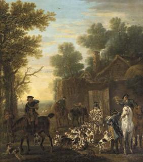 John Wootton - A hunting scene showing the release of the hounds, in a wooded landscape