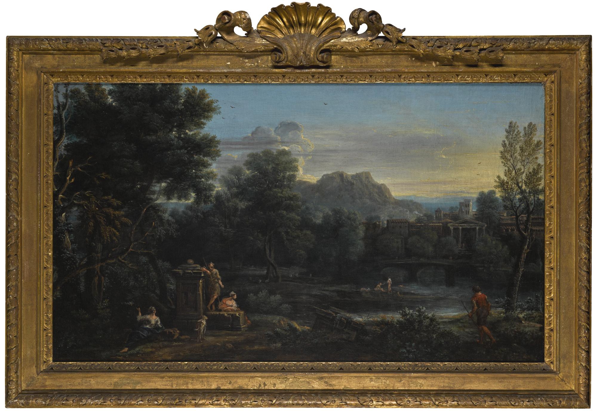 John Wootton - A Wooded Classical Landscape With Figures Resting In The Foreground And Bathing In The River, A Town Beyond
