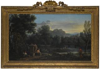 John Wootton - A Wooded Classical Landscape With Figures Resting In The Foreground And Bathing In The River, A Town Beyond