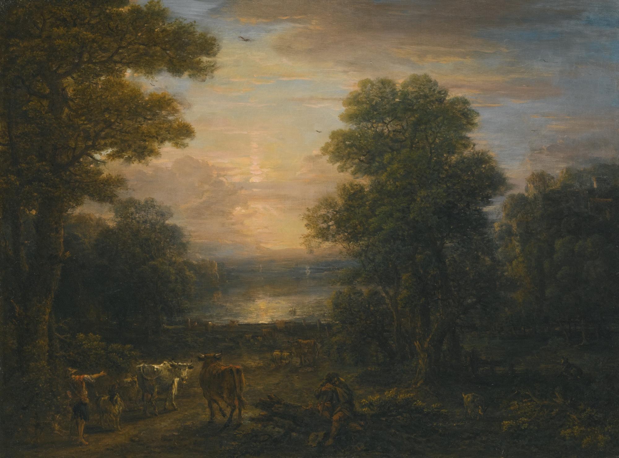 John Wootton - A Wooded Landscape With Shepherds And Their Cattle At Sunset; A Wooded River Landscape With Fishermen Hauling In Their Nets