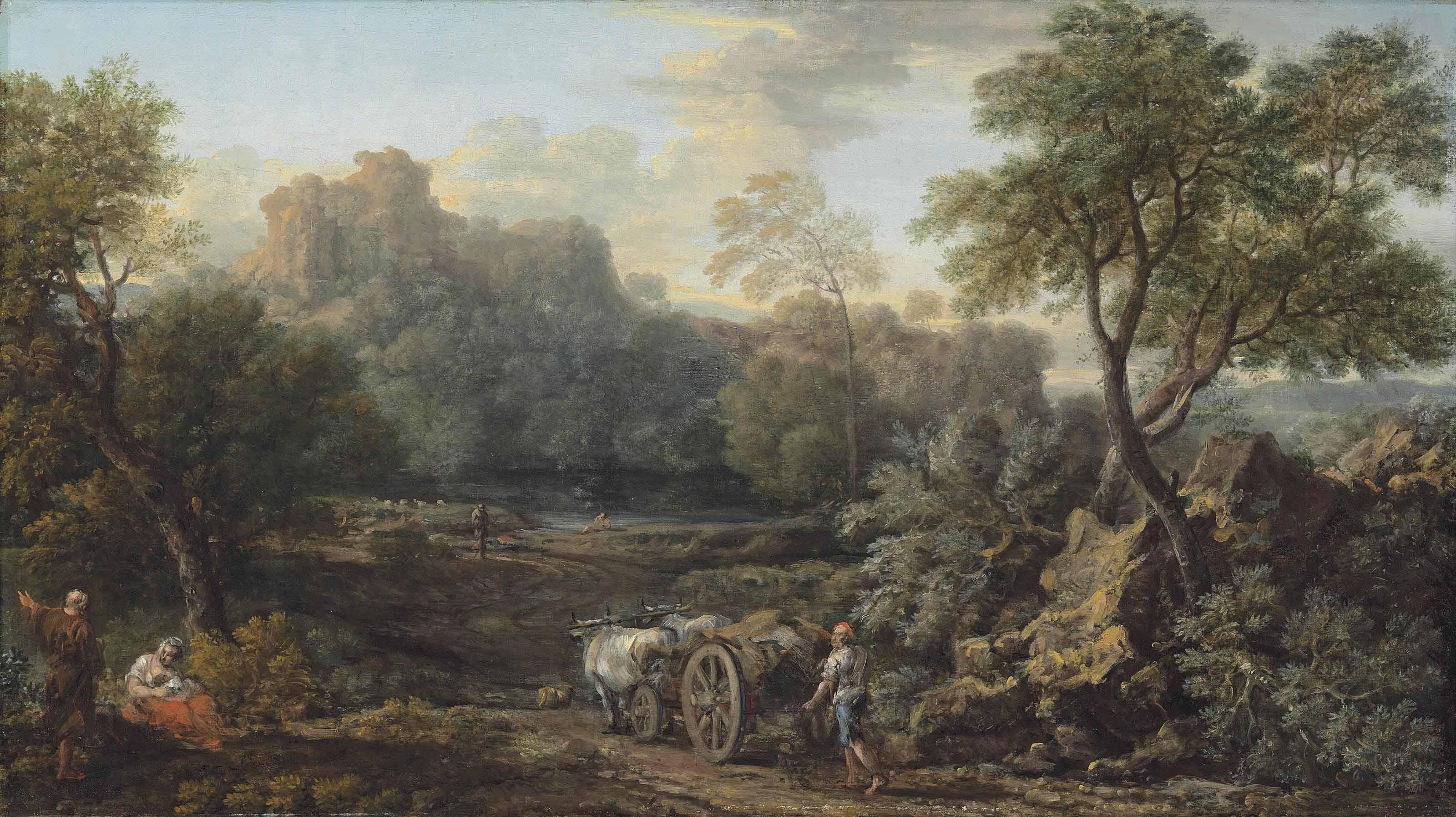 John Wootton - A wooded river landscape with a farmer and his ox-drawn cart on a path