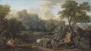 John Wootton - A wooded river landscape with a farmer and his ox-drawn cart on a path