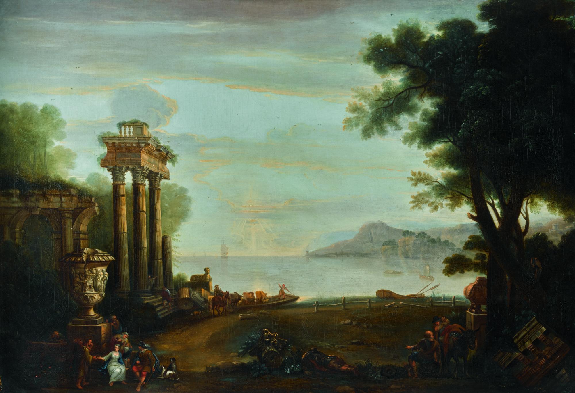 John Wootton - An Italianate Coastal Landscape, With Figures By Classical Ruins, And A Ferry Beyond