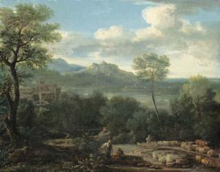 John Wootton - An Italianate landscape with a shepherd and shepherdess in the foreground and a hilltop village overlooking a lake and mountains beyond