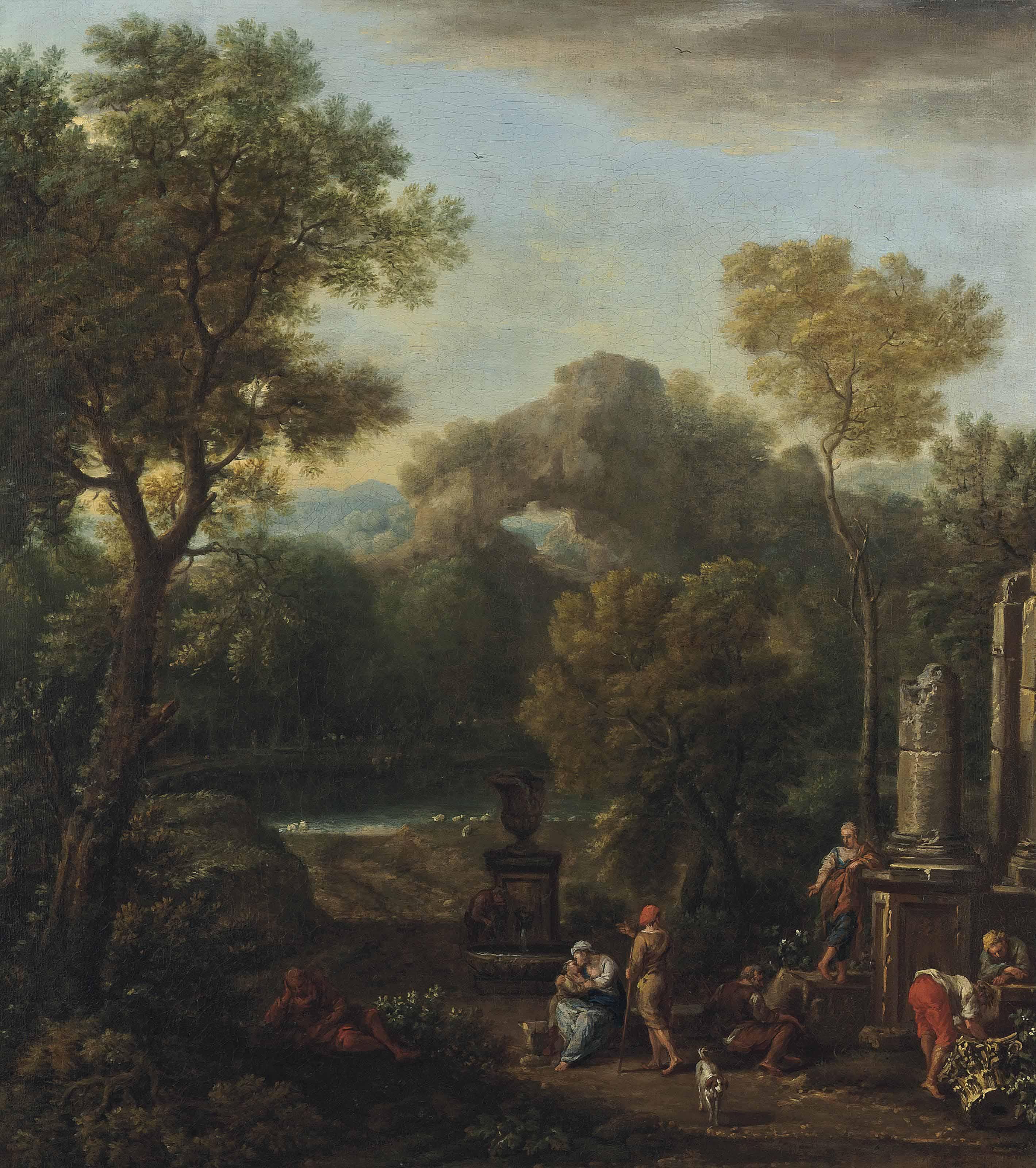 John Wootton - An Italianate river landscape with figures conversing before classical ruins