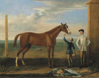 John Wootton - Bald Charlotte, also known as Lady Legs, a chestnut mare, held by a groom, with a jockey, at Newmarket