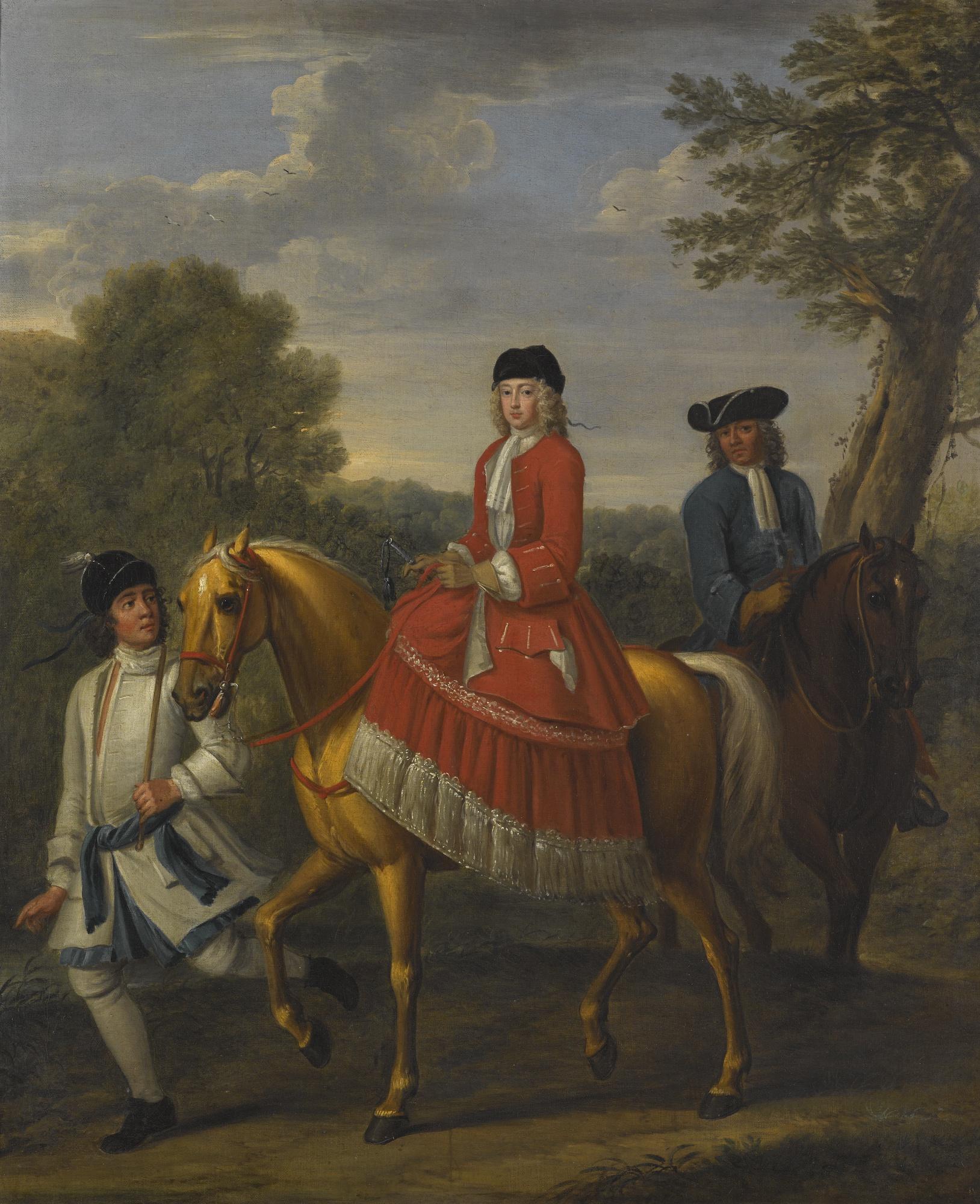 John Wootton - Equestrian Portrait Of Lady Henrietta Harley, Countess Of Oxford And Countess Mortimer (1694–1755) Led By A Groom With A Hunt Attendant, In A Landscape