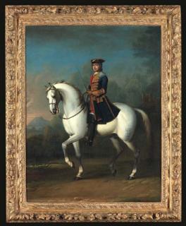 John Wootton - Equestrian portrait traditionally identified as Ferdinand Albrecht, later Duke of Brunswick, full-length, in a blue coat, in a landscape with a castle beyond