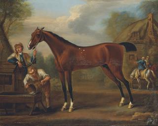 John Wootton - Flying Childers held by a groom, with other figures, in a landscape with a cottage beyond