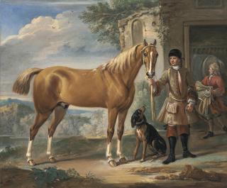 John Wootton - John Shafto of Bavington Hall, and Whitworth Hall, Northumberland, holding a hunter, in a landscape, with a groom and stable beyond