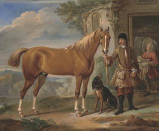 John Wootton - John Shafto of Bavington Hall, And Whitworth Hall, Northumberland, Holding A Hunter, In A Landscape With A Groom And Stable Beyond