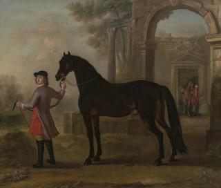 John Wootton - The Earl of Cork and Orrery\'s horse, Nobby, held by his groom, stables adorned with the family coat-of-arms beyond
