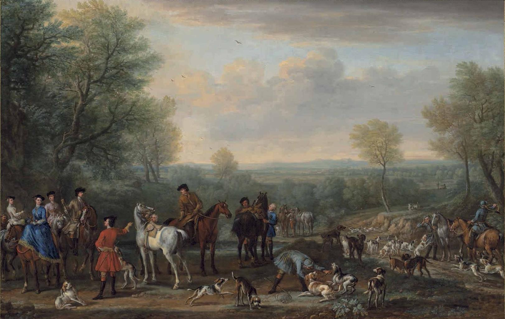 John Wootton - The Meet: A hunting party, with figures, horses and hounds, in an extensive wooded landscape