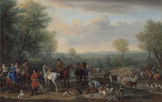 John Wootton - The Meet: A hunting party, with figures, horses and hounds, in an extensive wooded landscape