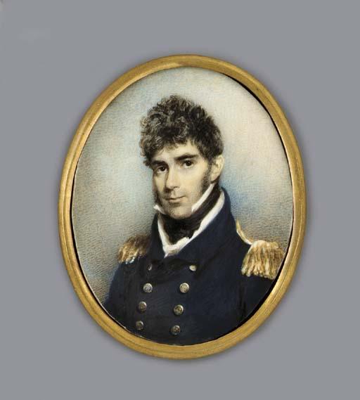 John Wright - Captain Gilbert Heathcote, facing left in blue coat with gold buttons and gold epaulettes, white waistcoat and black stock