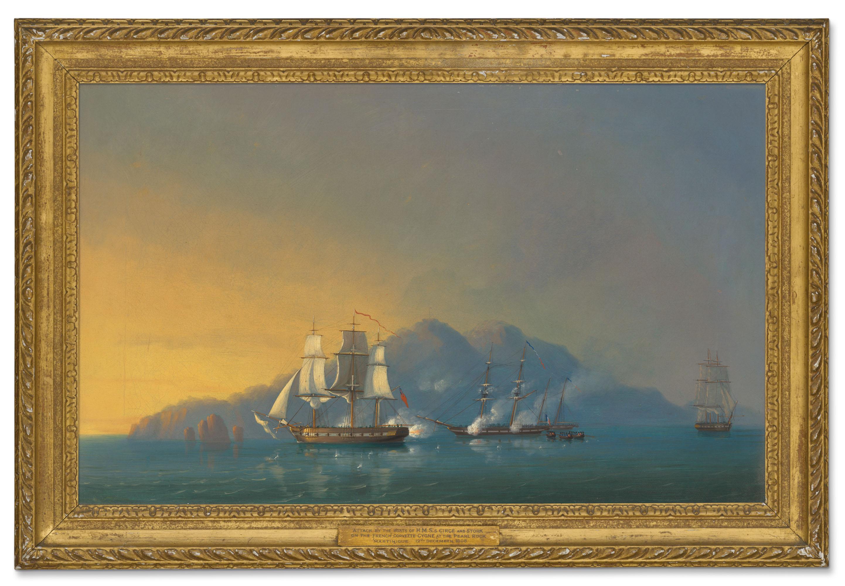 Jon Christian Schetky - The 18-gun sloop HMS Stork engaging the French brig Cygne and two armed schooners anchored off the Pearl Rock, Martinique, on 12 December 1808