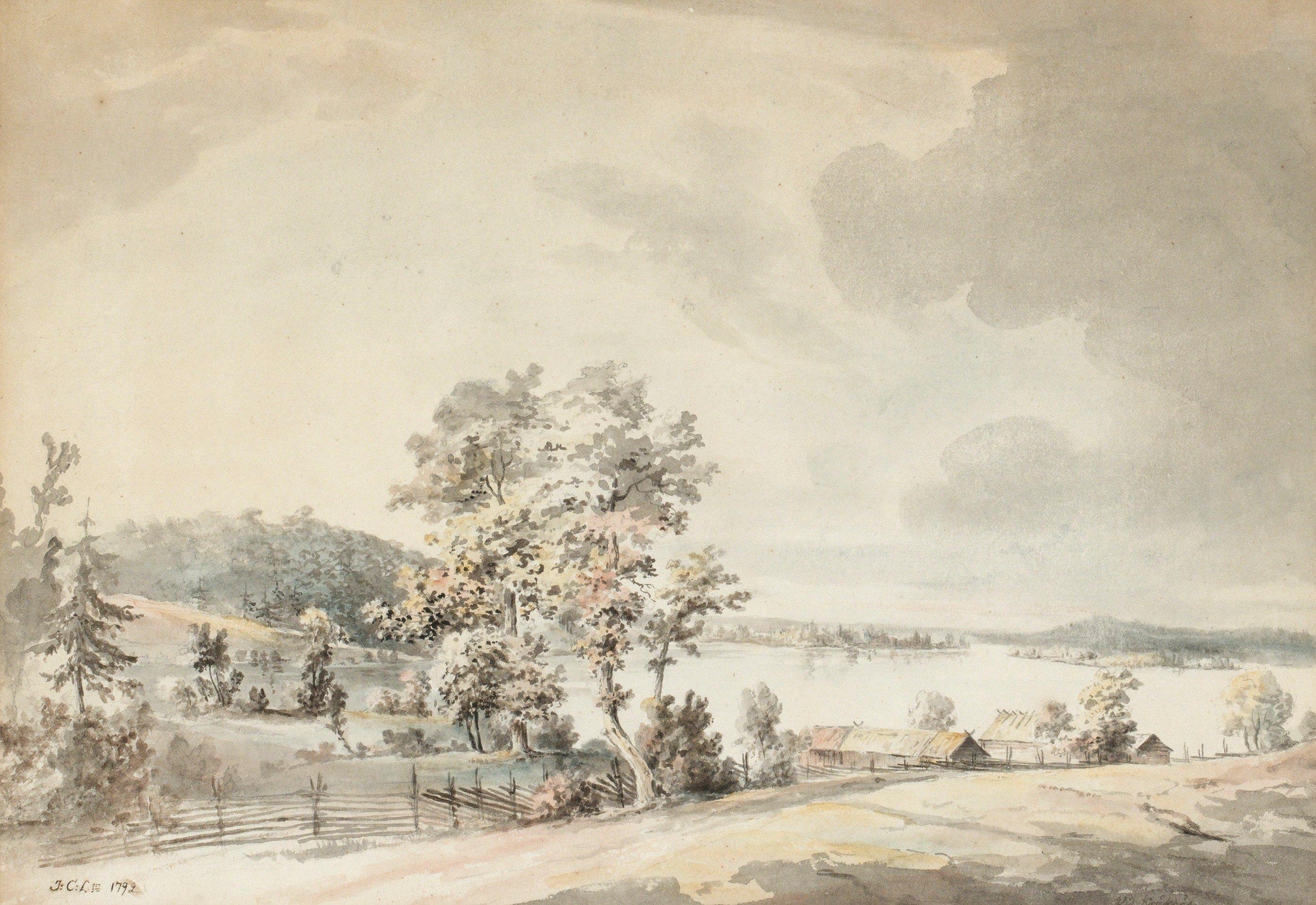 Jonas Carl Linnerhielm - Landskap med stugor vid insjö, Kråknäs