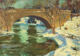 Jonas Lie - Central Park Bridge in Winter 25 1/8 x 36 in. (63.8 x 91.4 cm.)