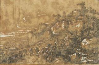 Jonas Umbach - A Mountainous Landscape With A Tower, Two Travellers On A Road In The Foreground