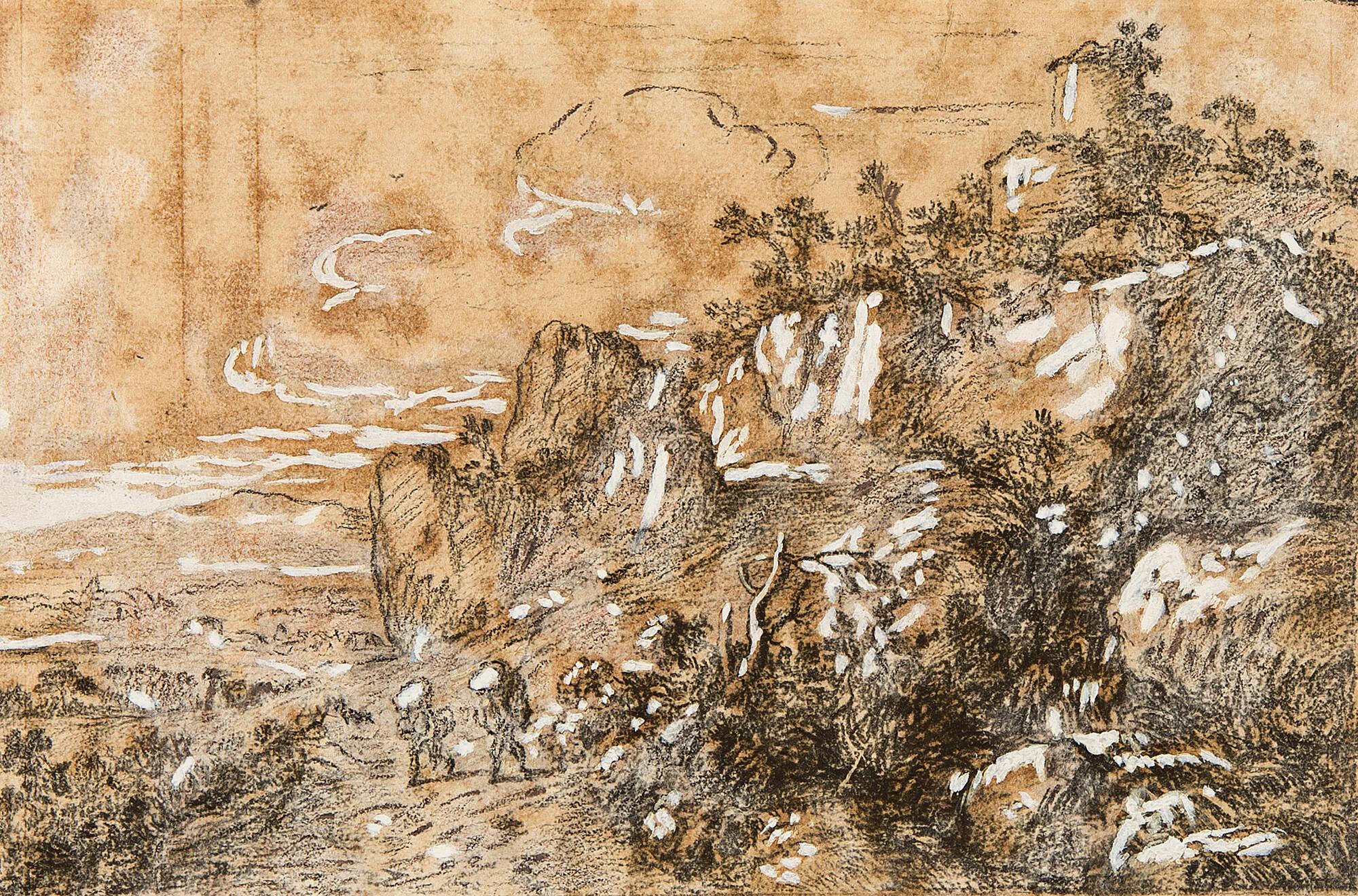 Jonas Umbach - Bergige Landschaft mit Wanderern.,