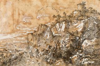 Jonas Umbach - Bergige Landschaft mit Wanderern.,