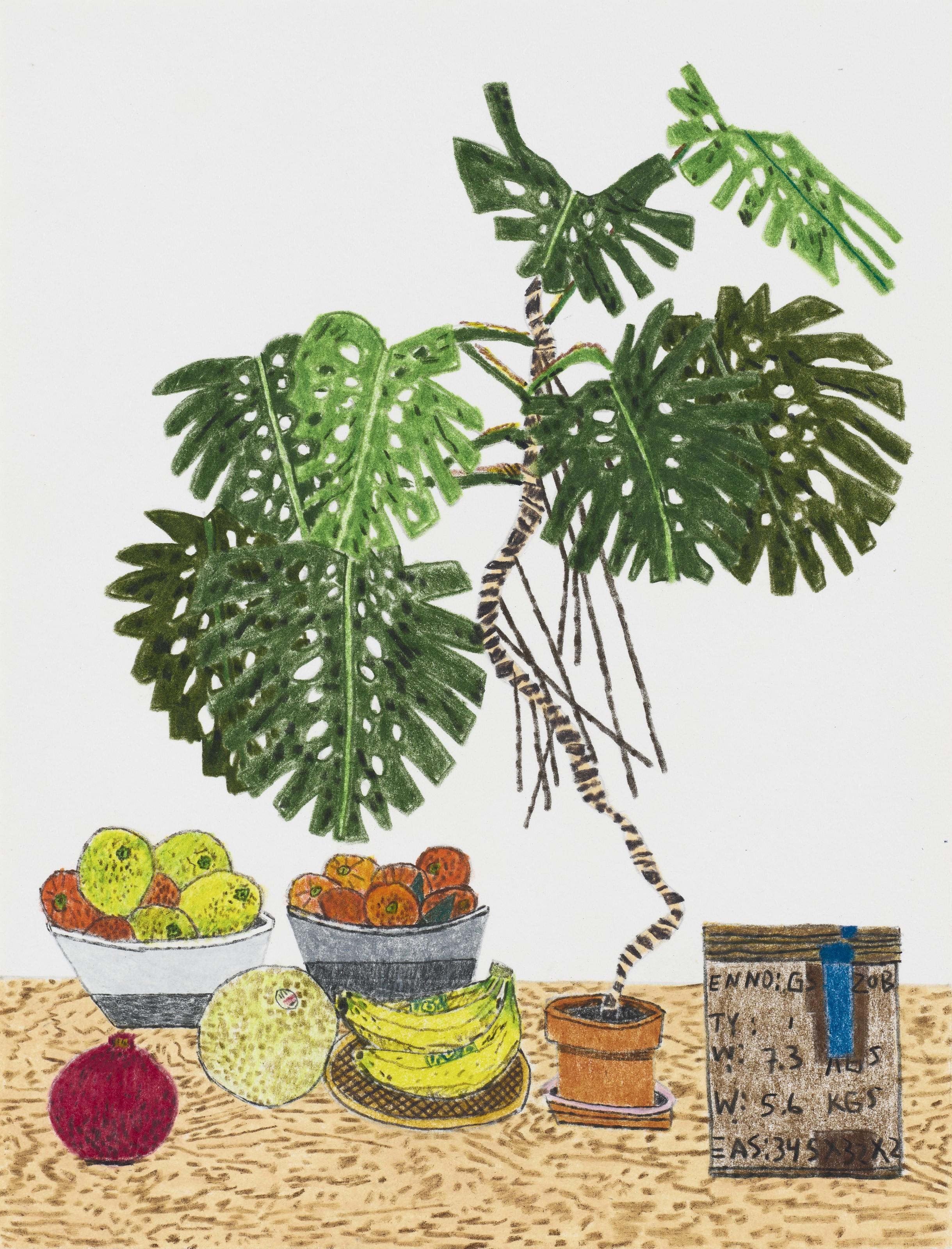Jonas Wood - Monstera Still Life with Fruit and Box