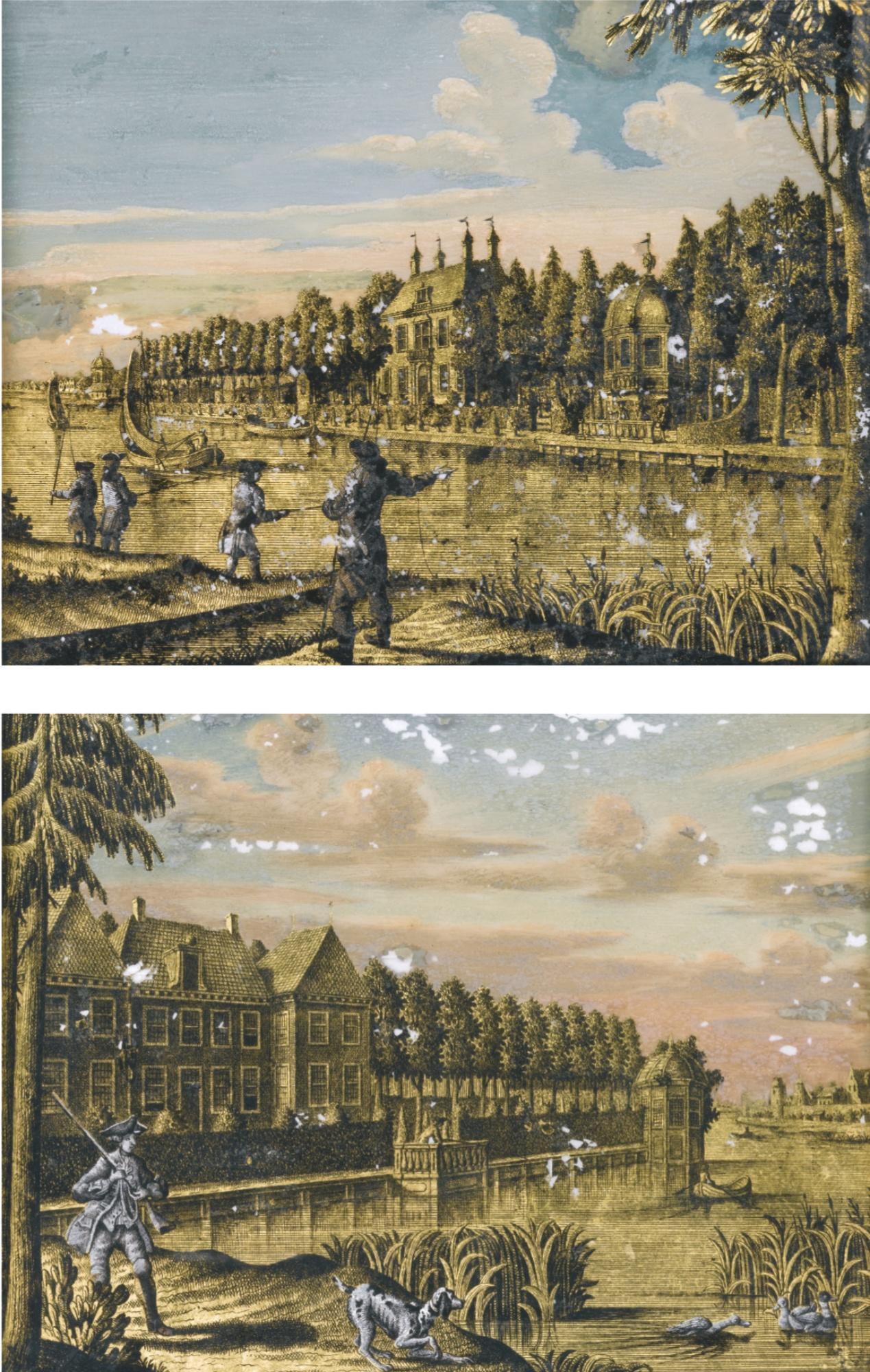 Jonas Zeuner - Fishermen By A Riverbank In A Town; A Gentleman Wildfowling With His Hound By A Riverbank In A Town