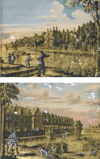 Jonas Zeuner - Fishermen By A Riverbank In A Town; A Gentleman Wildfowling With His Hound By A Riverbank In A Town