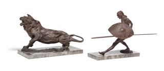 Jonathan Kenworthy - Lion about to attack and Masai in fighting stance (a group of two)