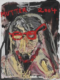 Jonathan Meese - MUTTER (gestürzt) mit roter Brille und rötlicher Perlenkette