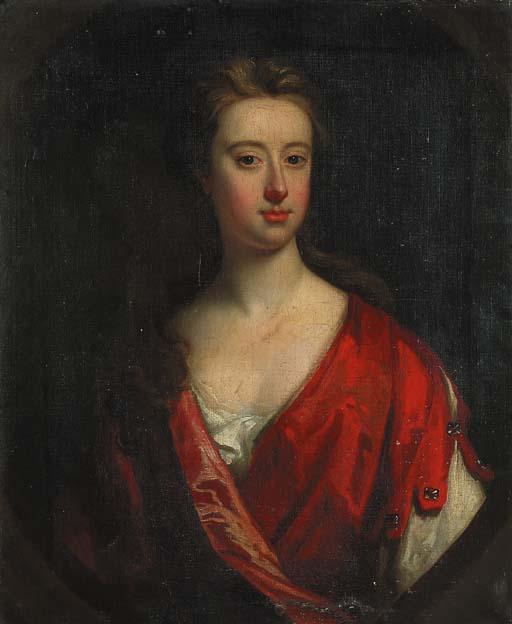 Jonathan Richardson, Sen. - Portrait of a lady of the Barrington family, half-length, in a red dress, feigned oval